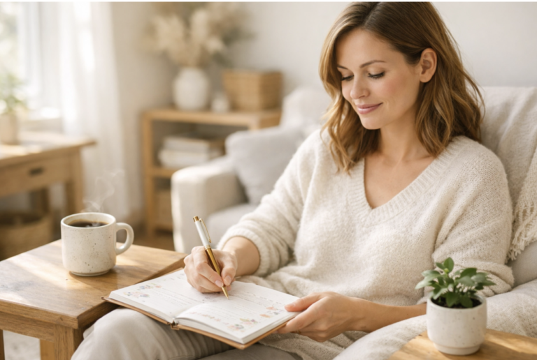 Mulher sentada confortavelmente em uma poltrona bege, sorrindo enquanto escreve em um di&aacute;rio. Ao lado, uma x&iacute;cara de caf&eacute; fumegante sobre uma mesa de madeira, representando uma rotina matinal tranquila e organizada.
