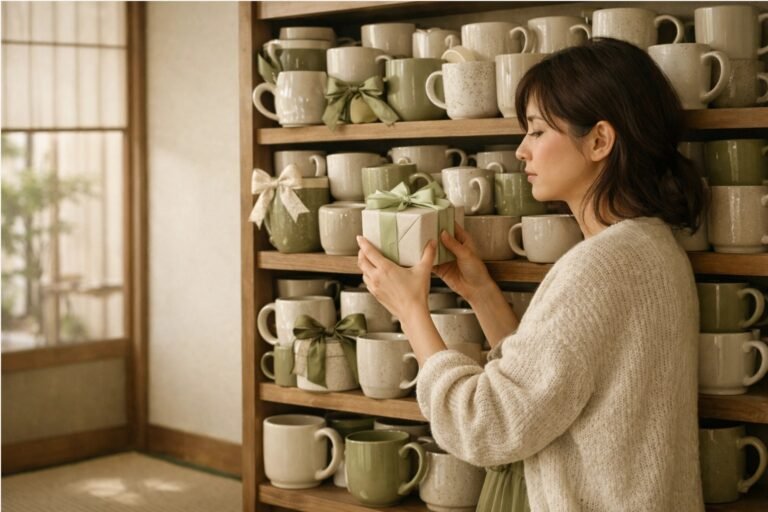 Mulher segurando um presente pequeno em frente a uma estante repleta de canecas de cerâmica decoradas com laços, em uma sala com estética japonesa.