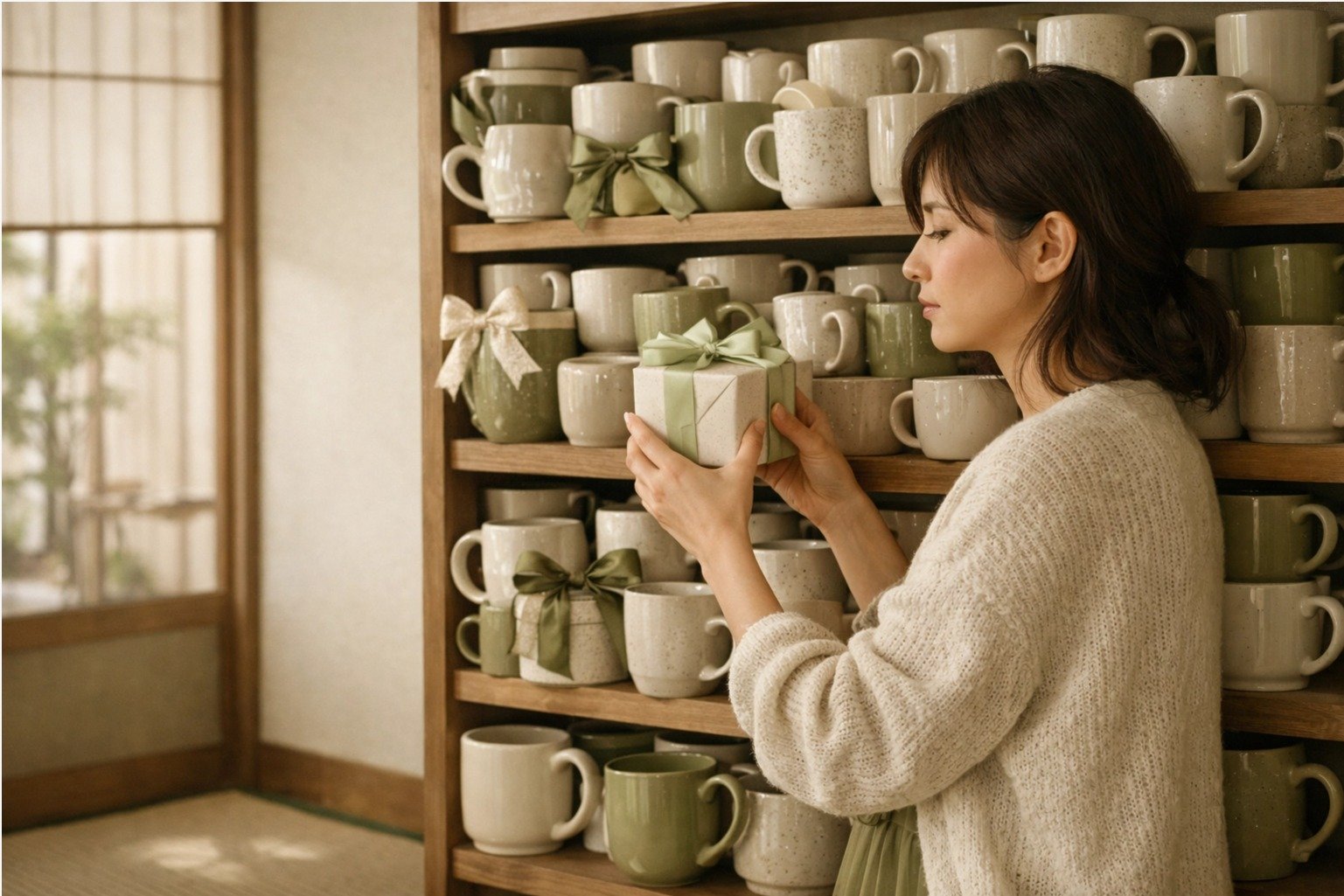 Mulher segurando um presente pequeno em frente a uma estante repleta de canecas de cer&acirc;mica decoradas com la&ccedil;os, em uma sala com est&eacute;tica japonesa.