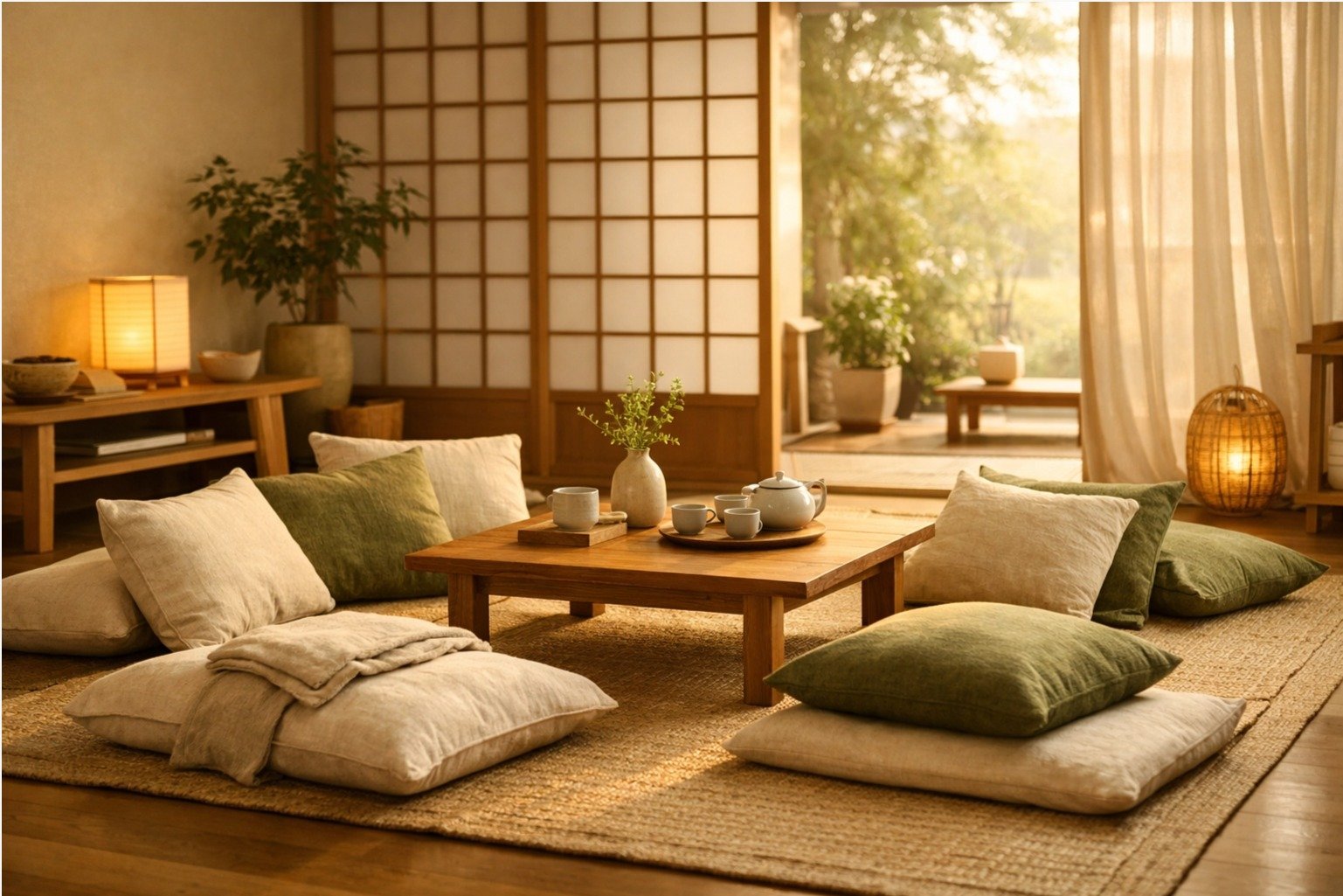 Sala de estar em estilo japon&ecirc;s iluminada pela luz do sol da tarde. O ambiente possui portas deslizantes shoji, piso de madeira com tapete de palha e uma mesa baixa central com um bule e x&iacute;caras de ch&aacute;. Ao redor da mesa, h&aacute; almofadas confort&aacute;veis em tons de bege e verde oliva. O espa&ccedil;o transmite calma, organiza&ccedil;&atilde;o e conforto.