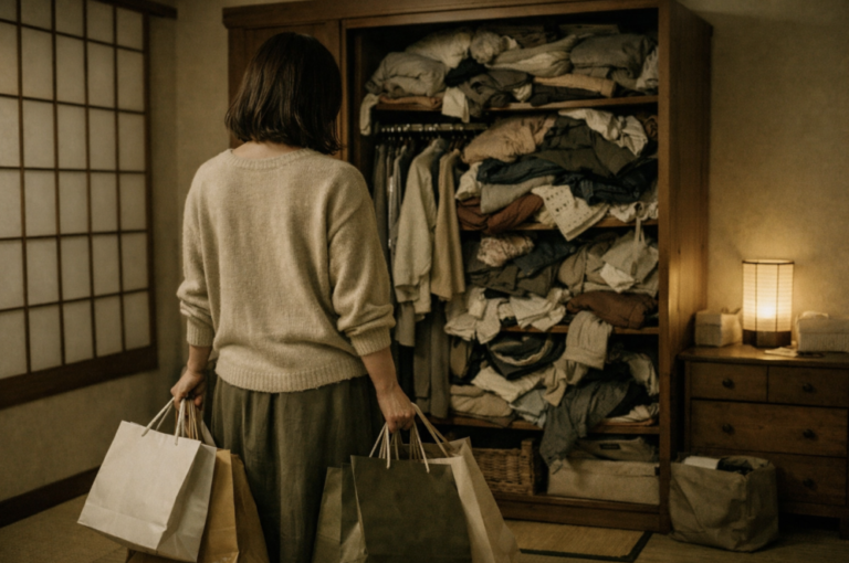 Mulher de costas segurando várias sacolas de compras de papel, parada olhando para um guarda-roupa de madeira completamente cheio e desorganizado com roupas acumuladas.